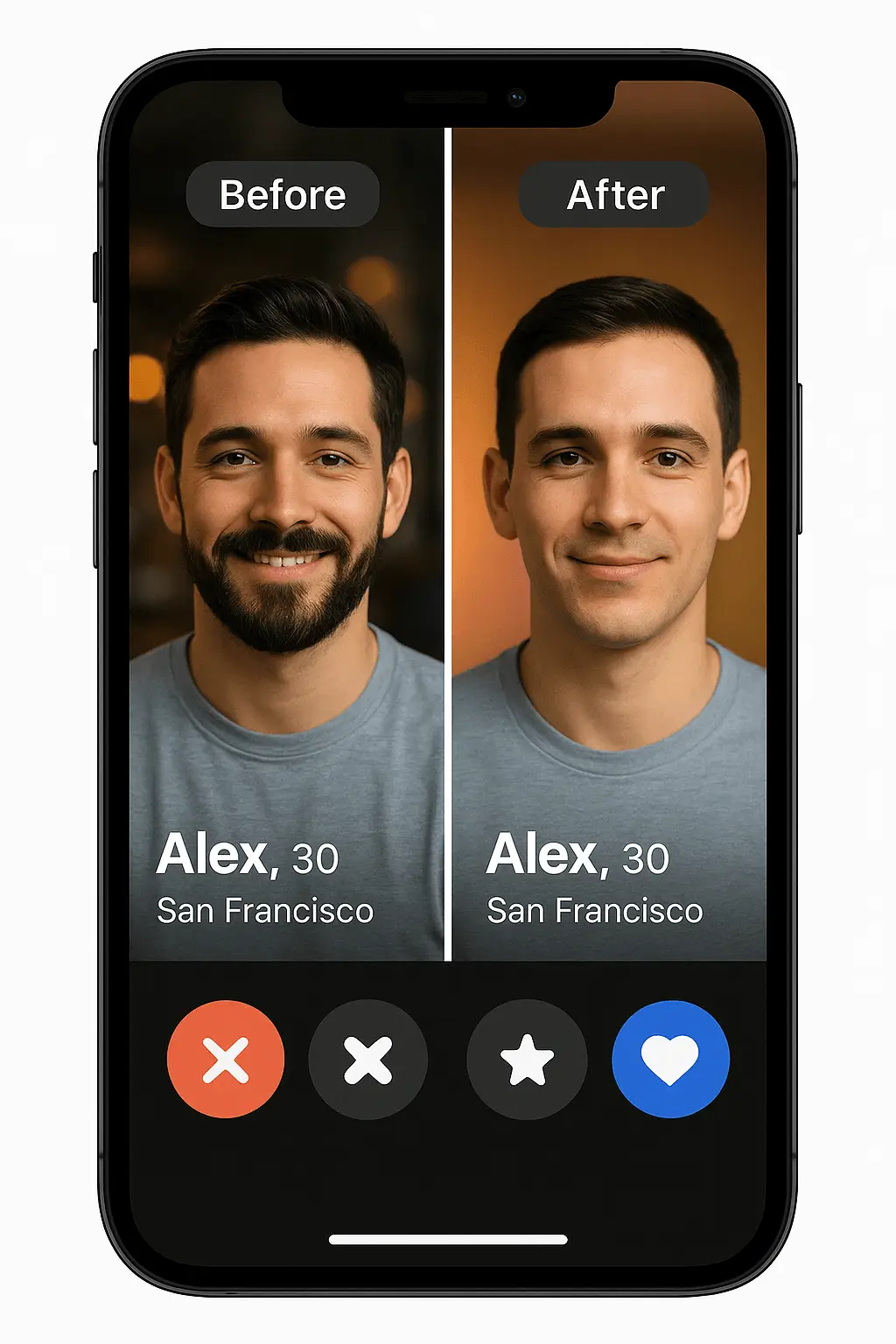 Dating app profile transformation - Before and after no beard filter
