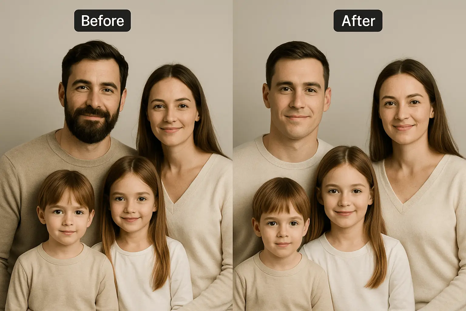 Family portrait transformation - Before and after no beard filter