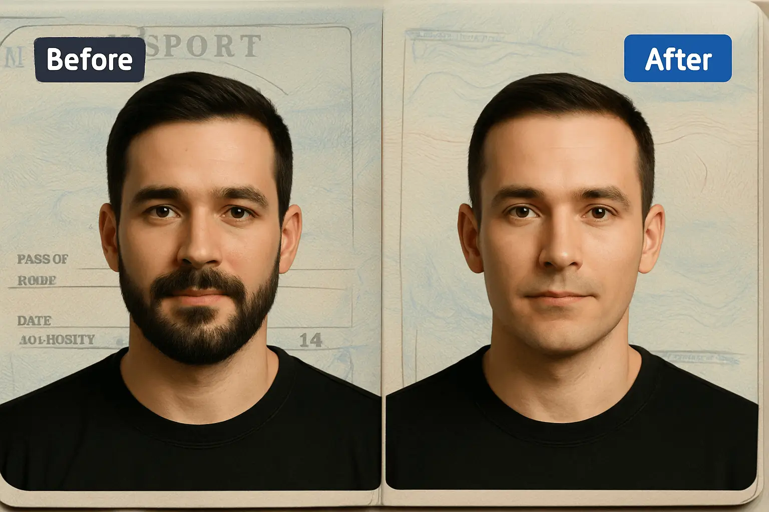 Passport and visa photo transformation - Before and after no beard filter