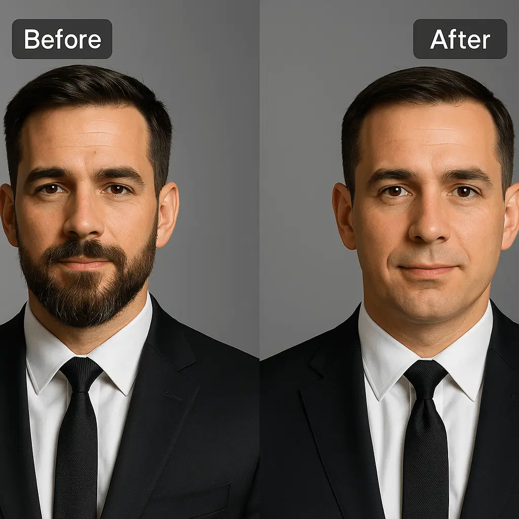 Professional headshot transformation - Before and after no beard filter