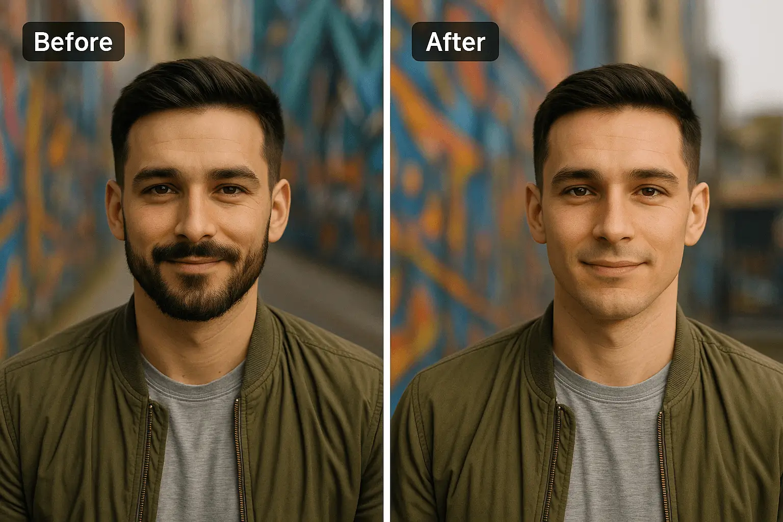 Social media profile transformation - Before and after no beard filter